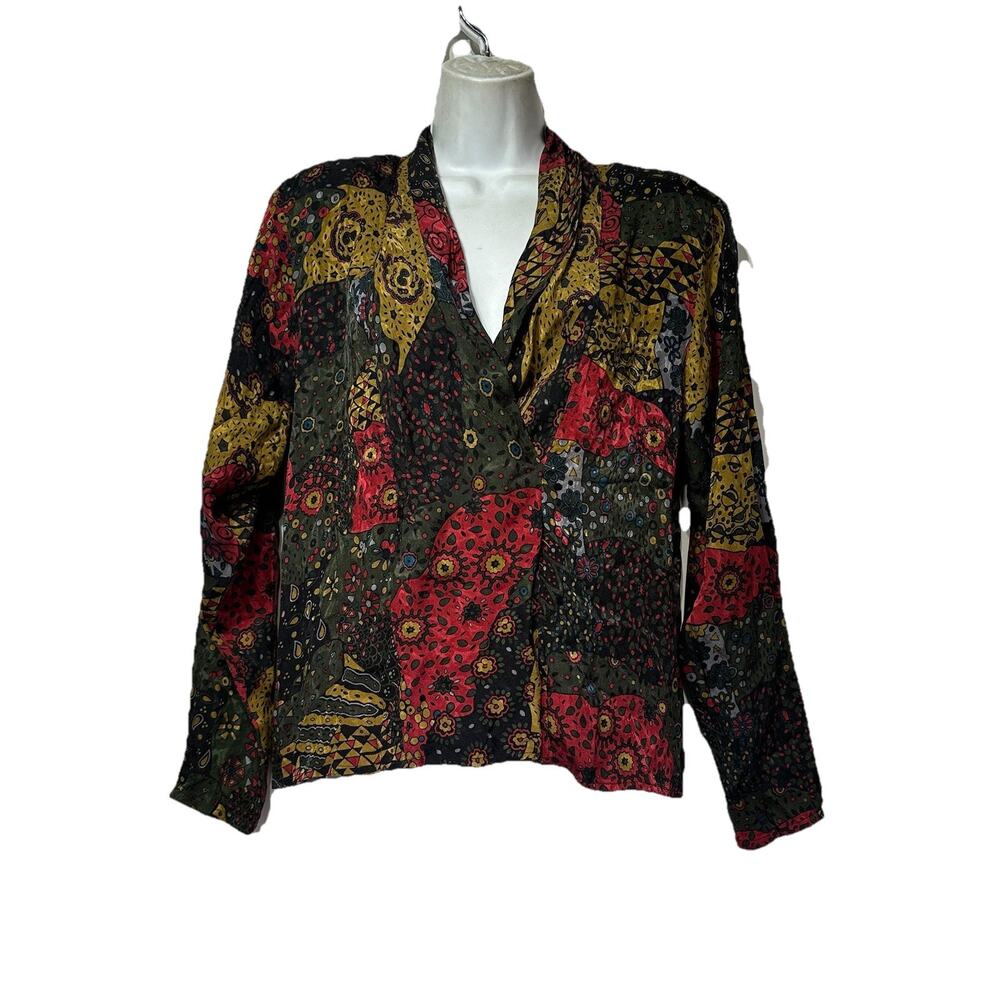 michi moon for sanyo long sleeve 100% silk patchwork blouse size 12
